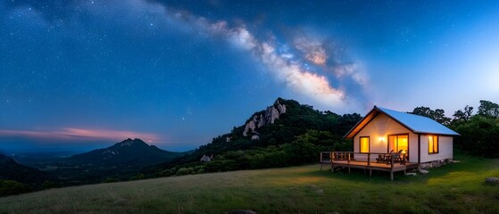 Fototapeta premium Milky Way arching majestically over a small cozy cabin nestled in the tranquil woodland wilderness with the warm glow of the cabin s lights shining softly under the starlit night sky