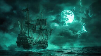Fototapeta premium Ghostly Galleon Sailing Through a Stormy Night