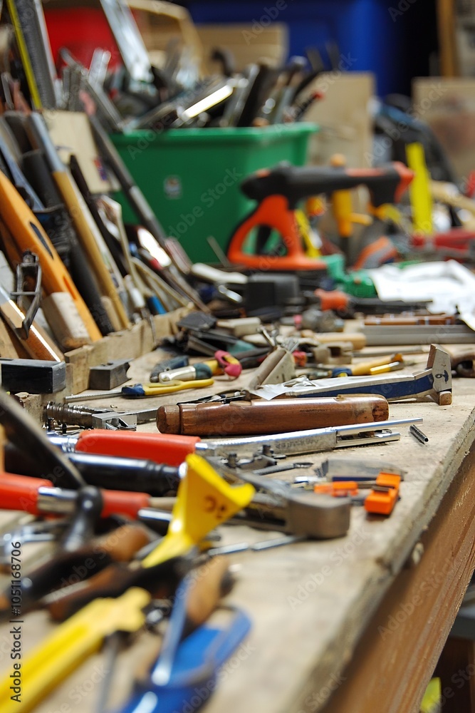 Poster a workshop filled with tools and materials. students learn hands-on skills while building projects t