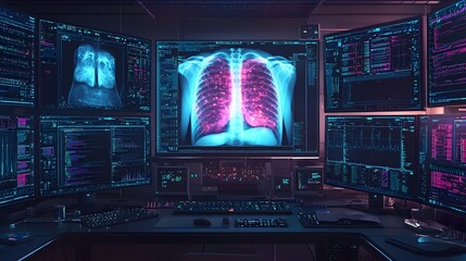 Obraz premium of a healthcare or medical setting where multiple digital screens are displaying x ray results or diagnostic imaging data for monitoring and analysis purposes in a flat design style