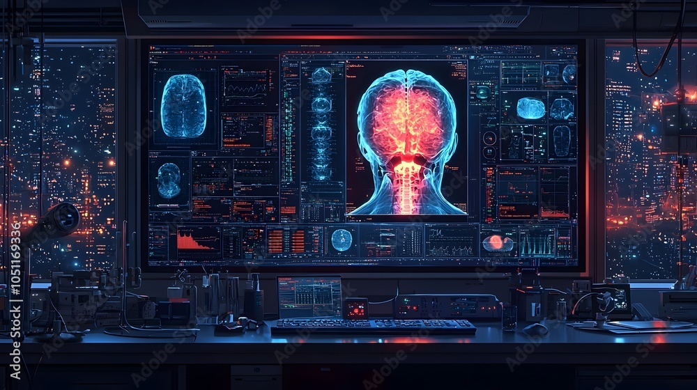 Poster futuristic flat design of a high tech monitoring system displaying an x ray scan showcasing advanced
