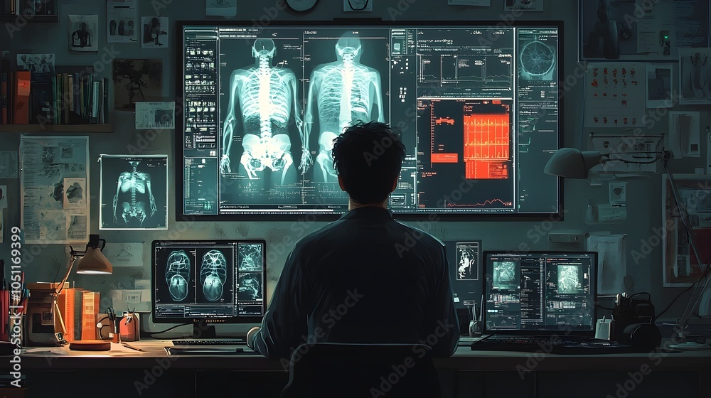 Poster detailed x ray scan image of a patient in a monitoring room setting presented in a flat design style