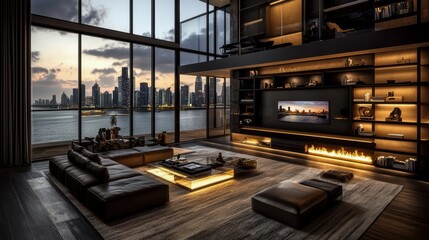 Stylish modern interior design featuring cozy living space with large windows and elegant decor overlooking a city skyline.