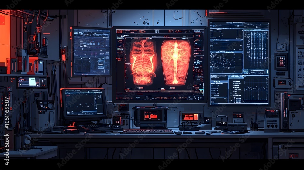Poster flat design of an x ray medical monitoring system displaying scan images on a digital display or das