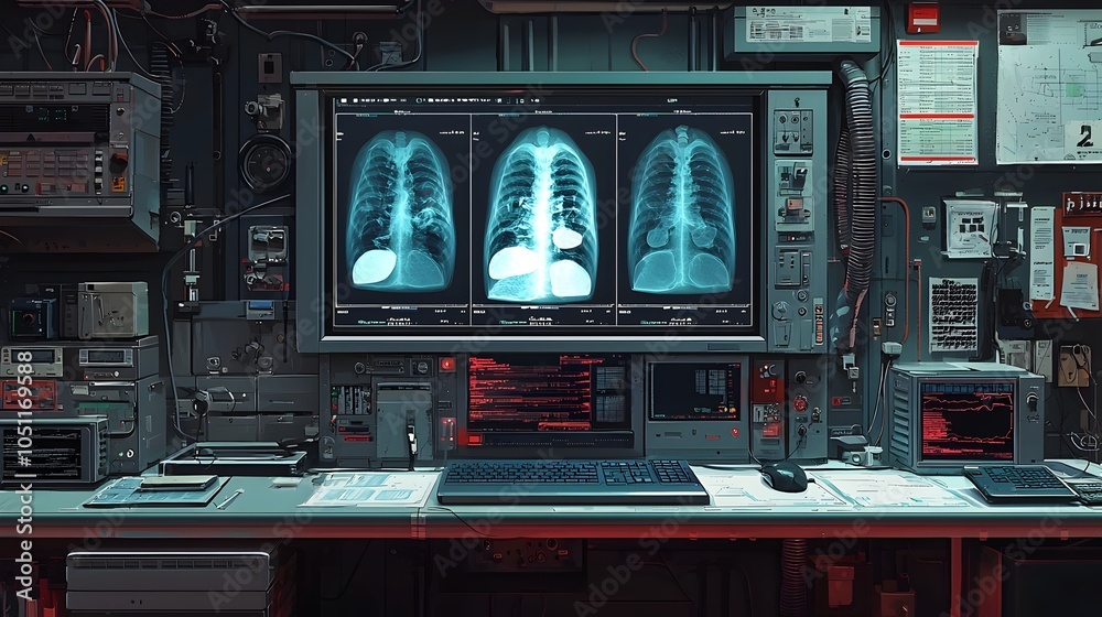 Poster flat design of an advanced medical monitoring system displaying x ray images and diagnostic data the
