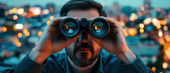 Man using binoculars to observe city lights at dusk, capturing the essence of curiosity and exploration.