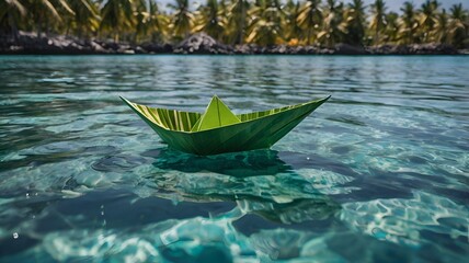 Fototapeta premium A vibrant paper boat, intricately crafted with green coconut palm leaves o sea water.