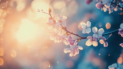 Fototapeta premium Delicate cherry blossom branch illuminated by soft sunlight, creating a serene and peaceful atmosphere.