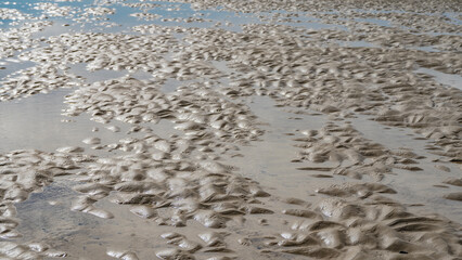 The time of low tide in the ocean. Sand hills and puddles of water form a bizarre pattern on the exposed seabed. Full screen. Close-up. Madagascar. Morondava.