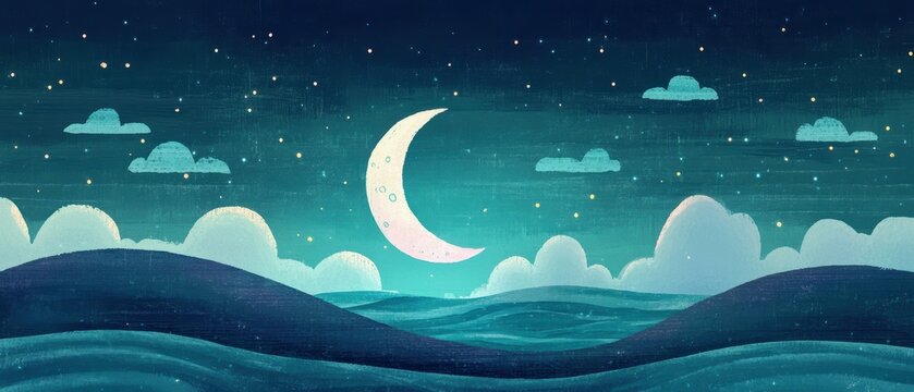 A serene night scene with a crescent moon and gentle waves under a starry sky. - Powered by Adobe