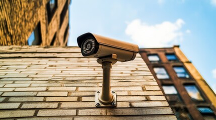Security camera mounted on brick wall, monitoring the surroundings against potential threats.