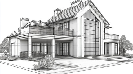 Fototapeta premium A detailed architectural rendering showcasing a modern house design with precise lines, highlighting planning and A single-story home with numerous windows and a simple design 