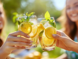 Two glasses of refreshing lemonade with mint and lemon slices, cheers in sunlight.