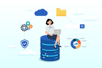 Woman working with computer laptop on database, database system, data network management, security or search, cloud computing technology or file document archive, database administration concept