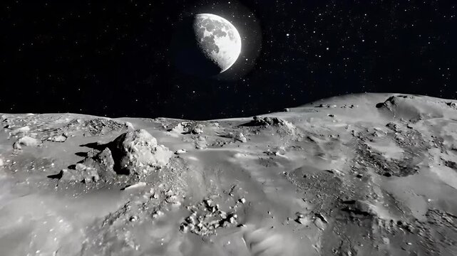 Witness captivating 3D loop video depicting surface moon illuminated sunlight presented black white creating stunning 4K wallpaper that s cosmos sun night space sky astronomy background