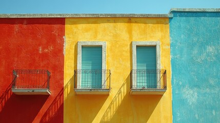 Colorful building exterior with balconies. Perfect for projects related to architecture, travel, and cityscapes.