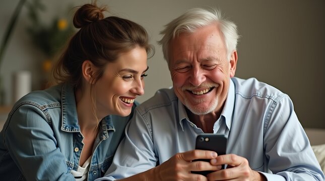 Um idoso ao lado de uma mulher mais jovem, olham a tela de um celular