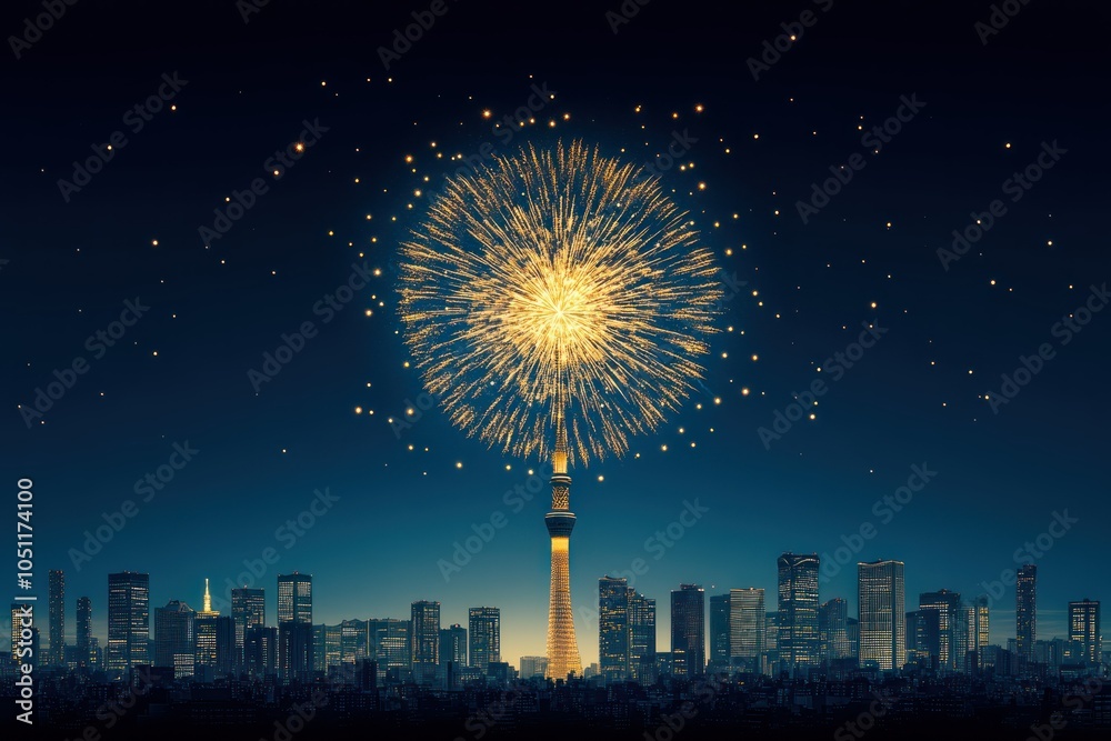 Wall mural golden fireworks and silhouette skyline on dark blue: new year celebration panoramic banner