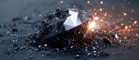 A stunning black diamond emerging from rocky soil with glowing sparks, showcasing elegance and beauty.