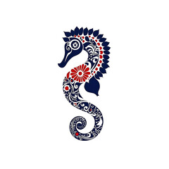 Fototapeta premium Ornate Blue Seahorse with Red Flowers