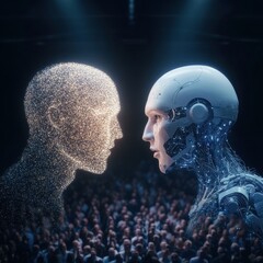 Obraz premium Human and AI Interaction with Microphones