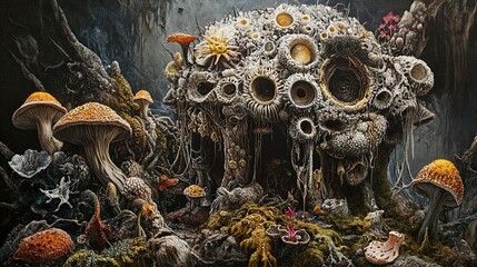 Fototapeta premium Surreal Mushroom Forest Landscape: Whimsical and Dreamlike Painting