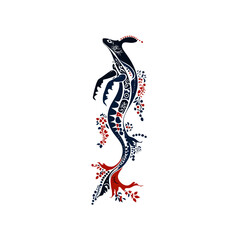 Obraz premium Abstract Blue and Red Dragon with Floral Elements on Black Background