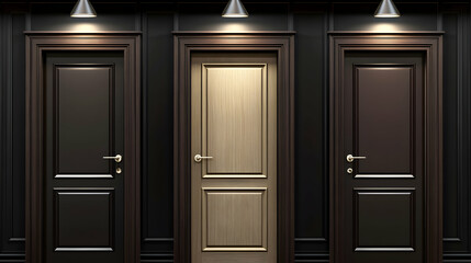 Fototapeta premium Three Doors with Spotlights, doorway, entryway, entrance, open door, closed door