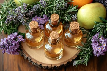 Essential oils in bottles on a wooden board. Perfect for aromatherapy and natural health products.
