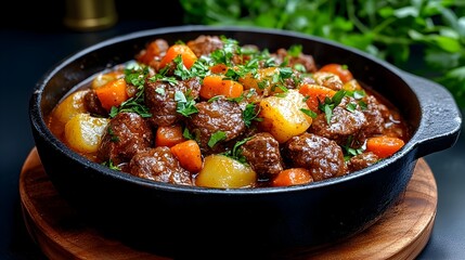 Fototapeta premium Hearty and comforting homemade organic beef stew with tender chunks of beef carrots potatoes and fresh herbs simmering in a cast iron pot for a delicious and nourishing meal