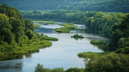 Obraz premium Serene River Landscape with Lush Green Trees