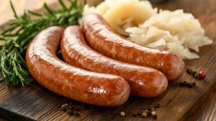 Sausages with Mustard and Sauerkraut on Wooden Board