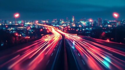 A vibrant city skyline at night with light trails from moving vehicles on a highway.