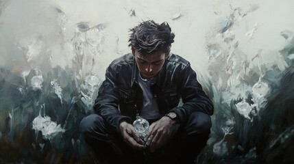 Obraz premium Contemplative Portrait of a Man Holding a Sphere