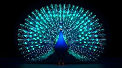 Digital Peacock Showcasing its Glowing Holographic Feathers in a Futuristic Zoo Setting Surrounded by Neon Green and Blue Lights for a Surreal 3D Effect