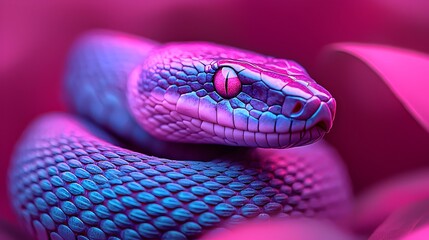 Obraz premium Coiled snake with vibrant glowing scales wrapped around a neon lit tree branch in a futuristic holographic zoo diorama The reptile s reflection shimmers in the high contrast surreal setting