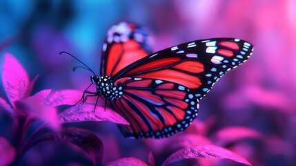Fototapeta premium Explore the mesmerizing digital holographic butterfly garden in a cyber fantasy zoo where glowing wings and neon purple and blue accents create a soft ethereal atmosphere