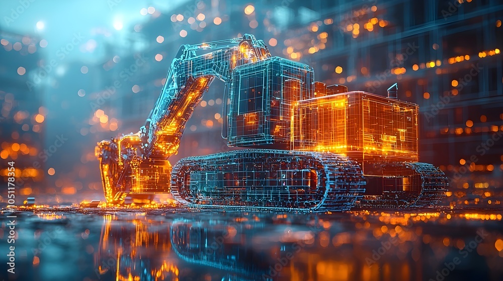 Poster futuristic construction site of a smart building with ai controlled robotic machines assembling comp