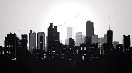 Fototapeta premium Monochromatic illustration of a serene city skyline with reflections Corporate symbols intertwined with city buildings in a stylish double exposure 