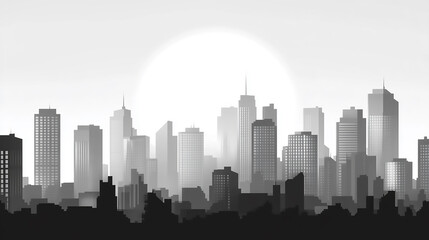 Obraz premium Monochromatic illustration of a serene city skyline with reflections Corporate symbols intertwined with city buildings in a stylish double exposure 