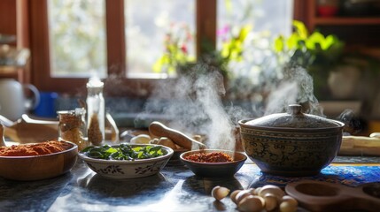Fototapeta premium Healthy Eastern Cooking Techniques in Natural Kitchen Light