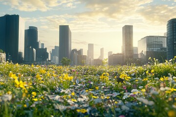 Fototapeta premium Cityscape with a Green Roof and Blooming Flowers at Sunset
