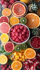 Fresh fruit assortment on dark background. Perfect for a healthy and delicious snack or a refreshing summer drink.