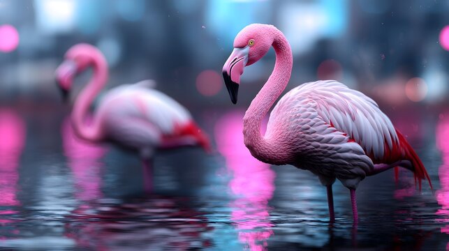 Flamingos standing gracefully in a serene zen like pond surrounded by futuristic architectural structures with neon pink reflections on the water and a soft ethereal lighting creating a calm