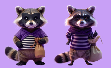 Fototapeta premium Cute Cartoon Raccoon Thieves Holding Money Bags on Purple Background