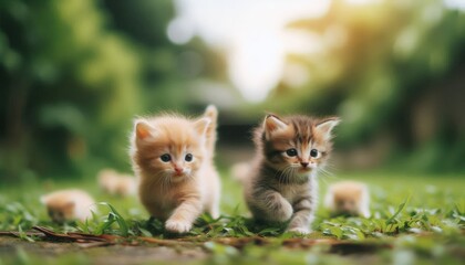Fototapeta premium Playful Kittens Exploring a Lush Green Field