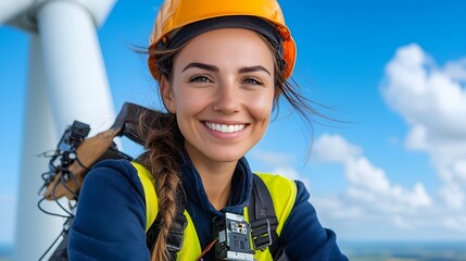 Wind Technician in Reflective Safety Gear Servicing Electrical Components of Wind Turbine Harnessed and Secured at High Altitude for Renewable Energy Maintenance