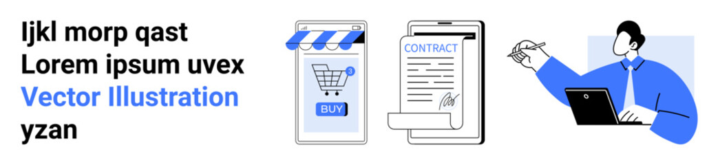 A person using a laptop conducting business, a contract on a clipboard, and an online store indicating e-commerce and digital transactions. Ideal for e-commerce, business, digital contracts, online