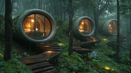 A forest retreat where guests are given wearable devices that track forest biodiversity, with alerts showing animals in the vicinity, creating an immersive eco-friendly stay enhanced by technology 