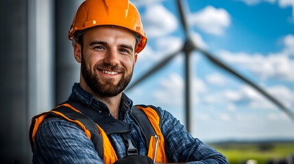 Wind Turbine Technician Adjusting Tools and Equipment While Securely Positioned on Elevated Platform Wearing Full Safety Gear and Harness